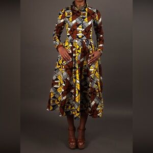 Demestik NEW YORK Brown and Yellow Wax Cotton Midi Dress (with neck tie)